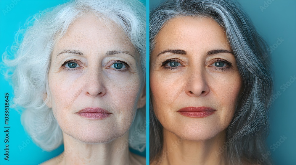 Tired senior woman's face evolving into a vibrant, youthful version, showing smooth skin, age-defying transformation, skincare focus Tired senior woman's face evolving into a vibrant, youthful version, showing smooth skin, age-defying transformation, skincare focus