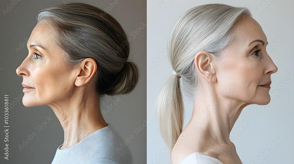 Side view of a senior woman with sagging skin, followed by a sleek, rejuvenated profile, highlighting anti-aging and skincare transformation Side view of a senior woman with sagging skin, followed by a sleek, rejuvenated profile, highlighting anti-aging and skincare transformation