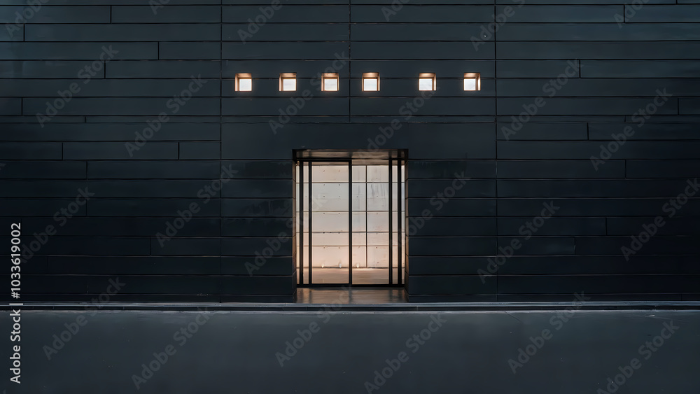 Modern architectural entrance with glass doors, illuminated by five overhead lights against a sleek black wall. Modern architectural entrance with glass doors, illuminated by five overhead lights against a sleek black wall.
