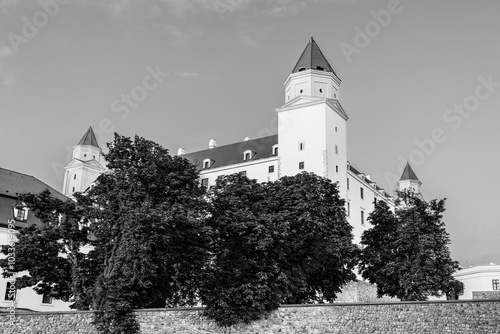 Canvas Print The medieval castle of Bratislava, Slovakia surrounded by trees in black and whi