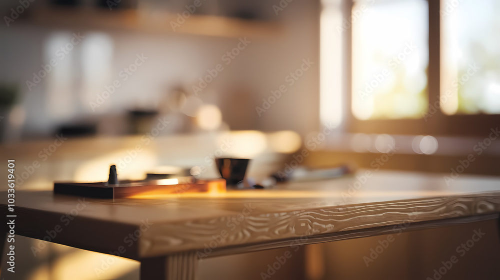 Warm sunlight streaming onto a wooden kitchen table with a tea set, creating a cozy and inviting atmosphere. Warm sunlight streaming onto a wooden kitchen table with a tea set, creating a cozy and inviting atmosphere.