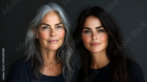 Elderly woman with gray hair and age spots, gracefully transitioning into a younger self, dark hair growing, skin glowing flawlessly photo