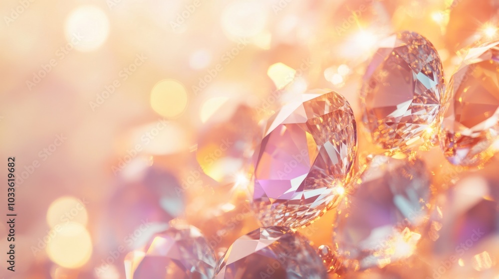 Diamond gemstones softly illuminated by golden light bokeh Diamond gemstones softly illuminated by golden light bokeh
