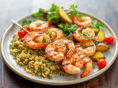 A plate of shrimp and vegetables with a side of rice. The shrimp are grilled and the vegetables are chopped. The plate is set on a wooden table