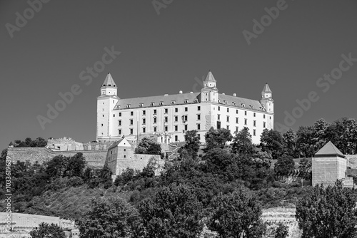 Canvas Print Bratislava, Slovakia: The hilltop medieval castle of Bratislava in black and whi