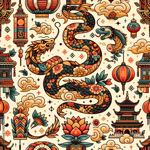 Seamless pattern with Asian elements on color background for happy Chinese new year of the snake 2025, flyers, poster and banner