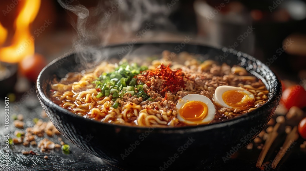 A mouth-watering bowl of ramen noodles with flavorful ingredients, A mouth-watering bowl of ramen noodles with flavorful ingredients,