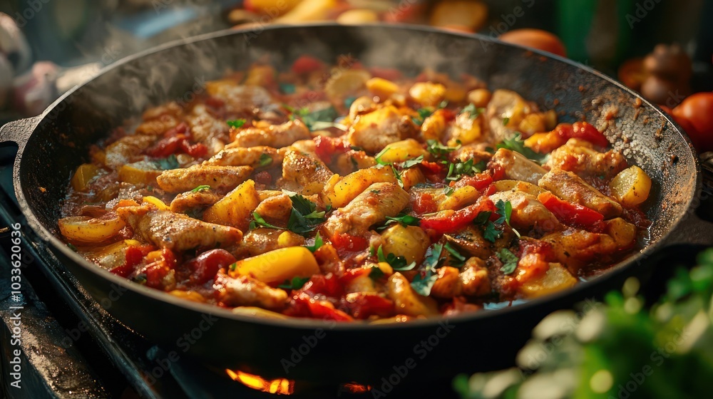 Chef cooking in a wok filled with spices, vegetables, and chicken. Chef cooking in a wok filled with spices, vegetables, and chicken.