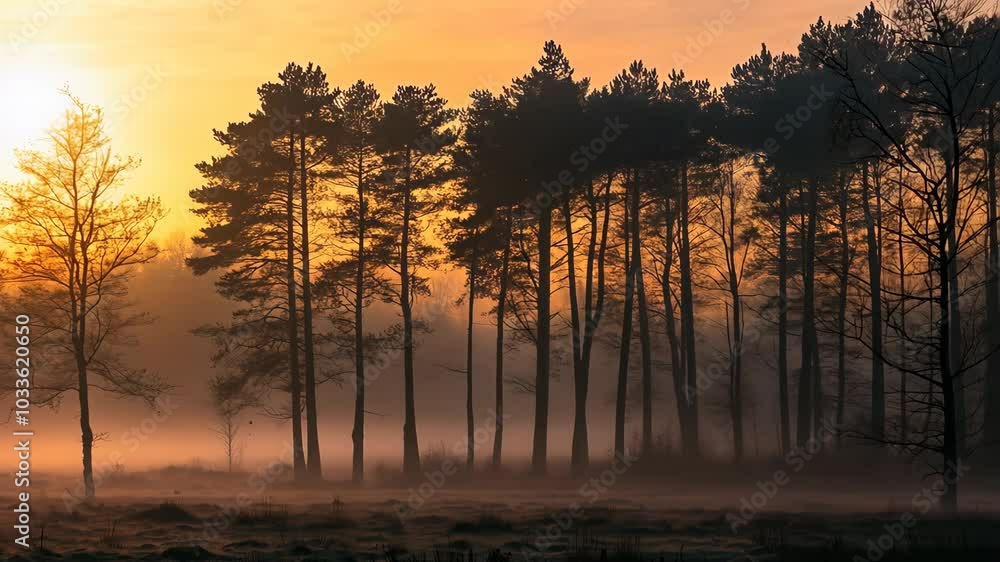 A misty sunrise casts a warm glow over a line of tall trees in the forest A misty sunrise casts a warm glow over a line of tall trees in the forest