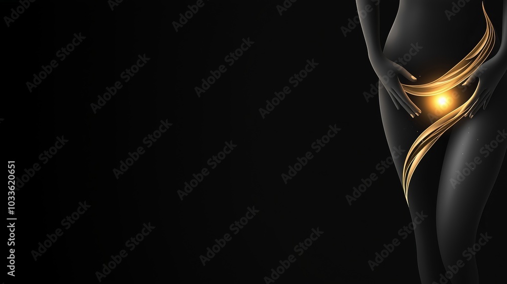 Naklejka premium A sleek black silhouette of a woman's body with a glowing golden orb symbolizing pregnancy, wrapped in elegant golden waves, set against a dark background for a minimalist, futuristic look