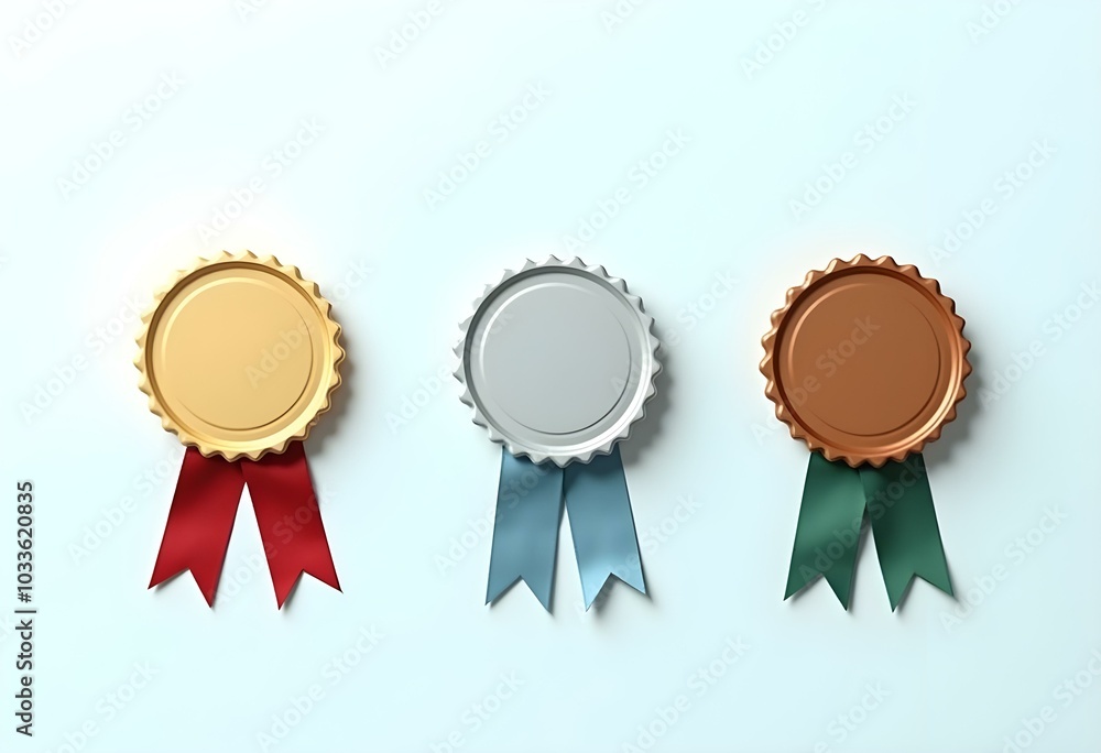 three blank badges in gold, silver, and bronze, each with a distinct ribbon in red, blue, and green, set against a white background create with ai three blank badges in gold, silver, and bronze, each with a distinct ribbon in red, blue, and green, set against a white background create with ai