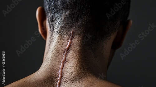 Keloid scar on a person's back, with soft lighting highlighting the raised, textured surface of the skin