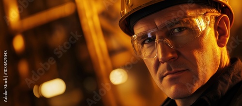 Construction worker portrait, safety gear, focused expression, industrial background photo