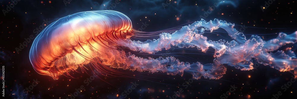 Ethereal Jellyfish Dance, an abstract visual of a jellyfish gracefully gliding through water, showcasing fluid motion and vibrant colors. Ethereal Jellyfish Dance, an abstract visual of a jellyfish gracefully gliding through water, showcasing fluid motion and vibrant colors.