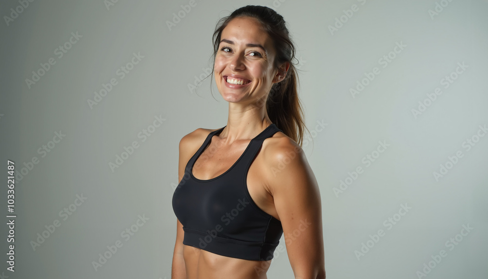 A young, athletic woman wearing a black sports bra, smiles confidently at the camera. She's in a studio setting, with a plain grey background, highlighting her fit physique and healthy lifestyle. A young, athletic woman wearing a black sports bra, smiles confidently at the camera. She's in a studio setting, with a plain grey background, highlighting her fit physique and healthy lifestyle.