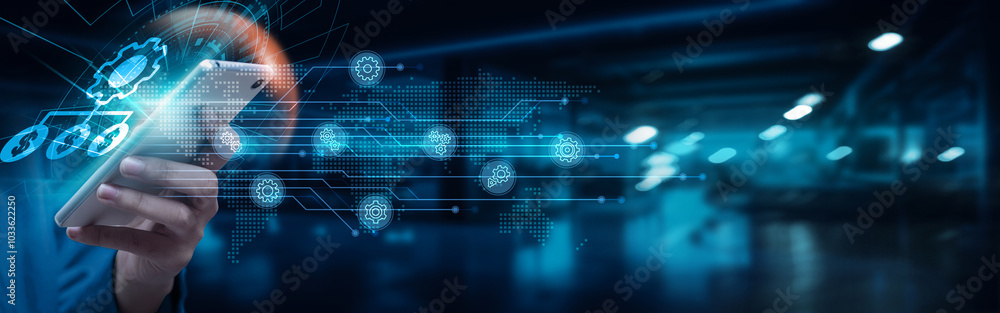 Fototapeta premium ERP. Businessman using smartphone with ERP software on network connection. Inventory management, financials, procurement, human resources, customer relationship management, supply chain management.