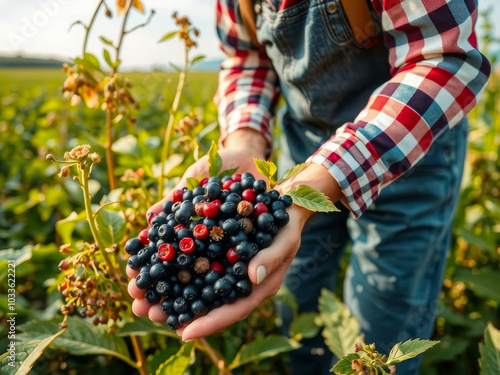A person is holding a bunch of blueberries in their hand. Concept of abundance and freshness, as the person is surrounded by a field of blueberry bushes. The blueberries are ripe