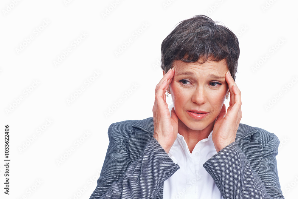 Business, woman and sad with headache in studio for deadline, stress and overworked in white background. Female person, employee and isolated with migraine, strain and frustration on mockup space Business, woman and sad with headache in studio for deadline, stress and overworked in white background. Female person, employee and isolated with migraine, strain and frustration on mockup space