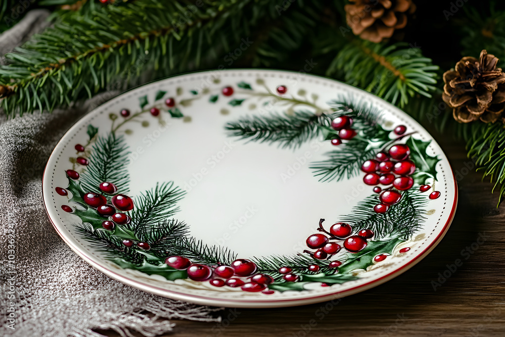 Christmas-themed plate with berry and pine design. Christmas-themed plate with berry and pine design.