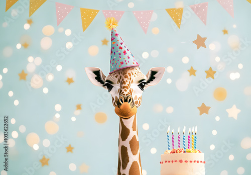 A cheerful giraffe wearing a party hat next to a cake with candles, surrounded by stars and bunting, perfect for kids' birthday designs. photo