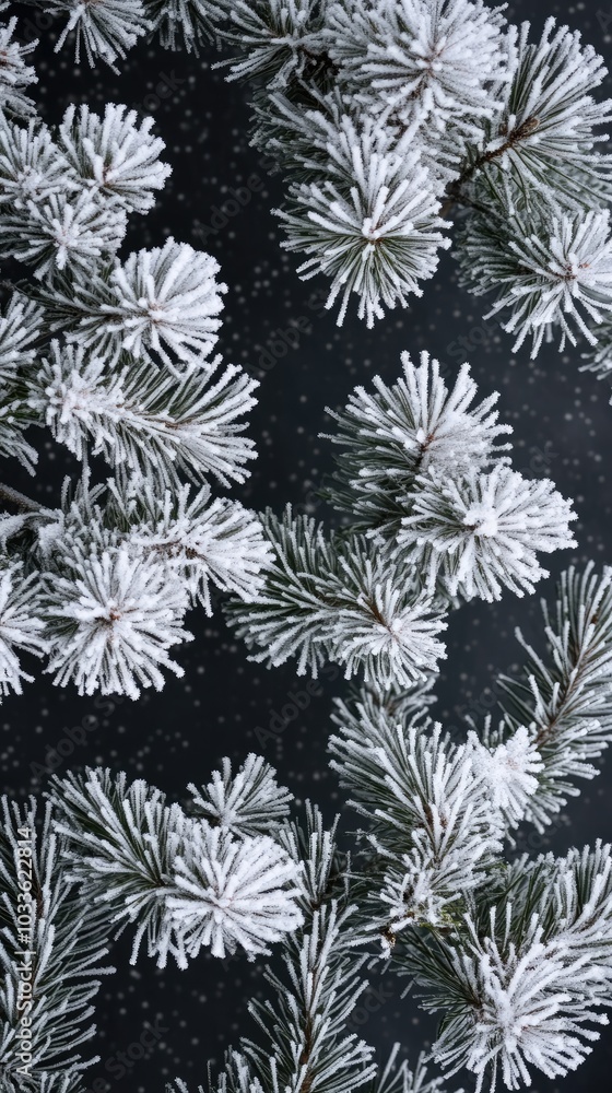 Snow-covered pine branches with delicate frost patterns Snow-covered pine branches with delicate frost patterns
