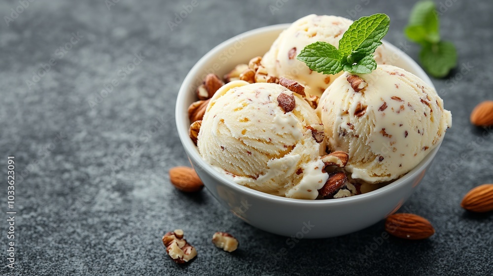 Tasty Vanilla Ice Cream Topped with Nuts and Fresh Mint Tasty Vanilla Ice Cream Topped with Nuts and Fresh Mint