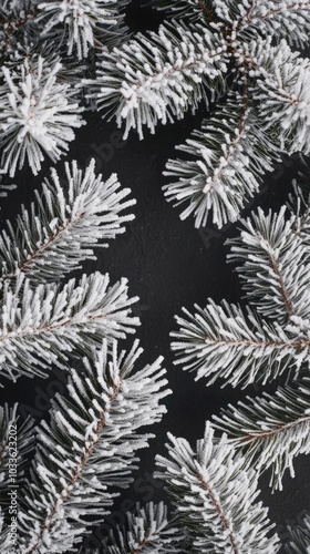 Snow-covered pine branches with delicate frost patterns