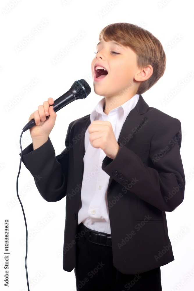 Kid singing holding microphone child white background performance. Kid singing holding microphone child white background performance.