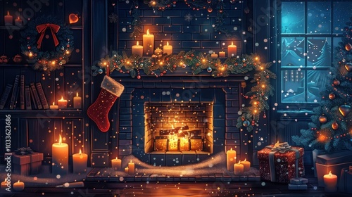 Wallpaper Mural Cozy and Festive Christmas Scene with Fireplace Lit Candles Twinkling Lights and Carefully Arranged Holiday Decor in a Warm Inviting Home Interior Torontodigital.ca