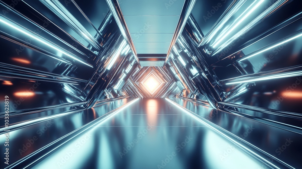 Abstract chrome geometric structures, perfectly symmetrical, with glowing holograms interwoven between the shapes, Futuristic, Sci-fi, 3D, High contrast, Techno-aesthetic Abstract chrome geometric structures, perfectly symmetrical, with glowing holograms interwoven between the shapes, Futuristic, Sci-fi, 3D, High contrast, Techno-aesthetic