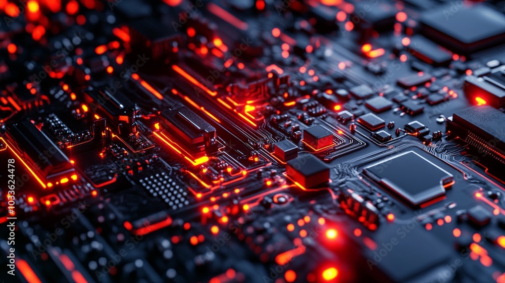 A close-up of a circuit board illuminated with red lights, showcasing intricate electronic components. A close-up of a circuit board illuminated with red lights, showcasing intricate electronic components.