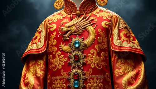 Majestic golden dragon-embroidered imperial robe adorned with precious gems, symbolizing power and grandeur of ancient Chinese royal dynasties. photo