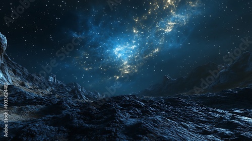 Distant galaxy and starry sky above a rocky terrain, deep blues and glowing whites creating a vast, mysterious space scene