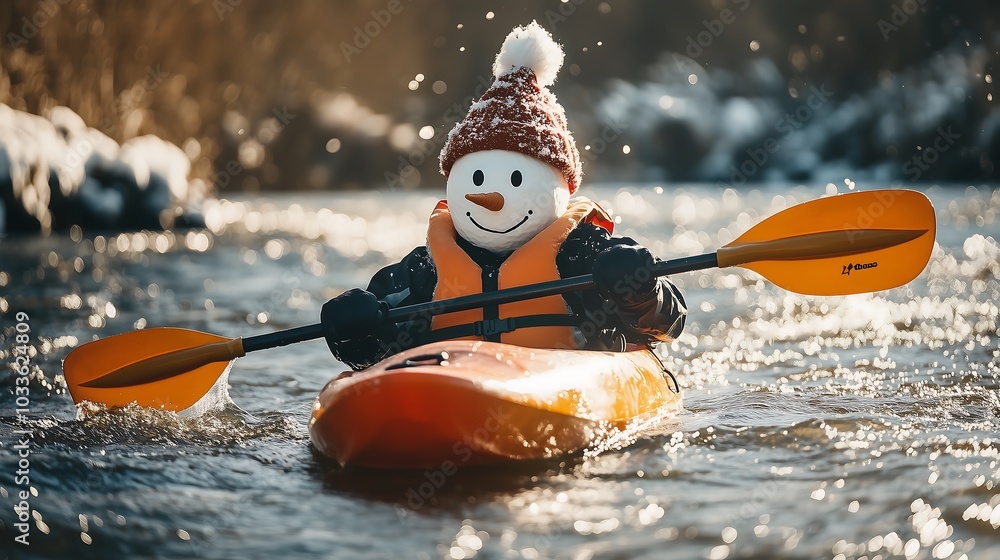 Fototapeta premium Playful snowman in a kayak paddling on winter waters under sunlight.