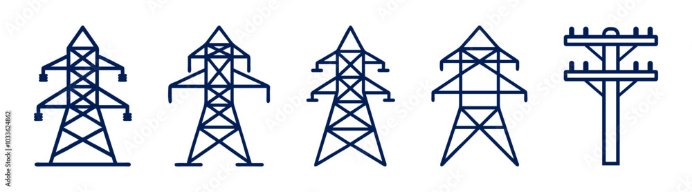 Transmission tower icon set. Power utility transmission symbol in blue color. Transmission tower icon set. Power utility transmission symbol in blue color.