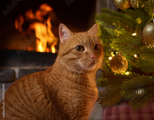 Portrait of a cute ginger cat in front of a fireplace and Christmas tree at home