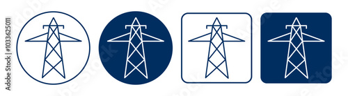 Electric tower icon in filled, thin line, outline and stroke style. Power utility transmission symbol in blue color.