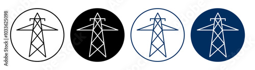 Energy Electrical tower vector icon set. Power utility transmission symbol in black and blue color.