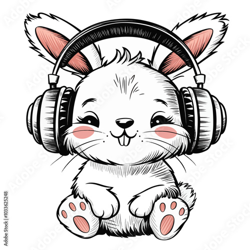 A cute, white bunny with large ears is sitting on a plain white background. The bunny is wearing large, black, circular headphones