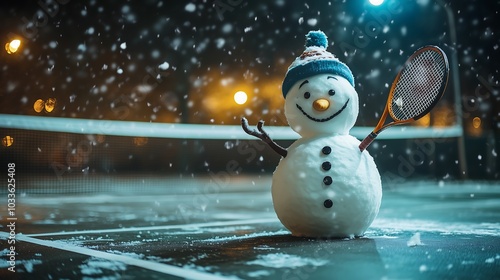 Snowman with a tennis racket on a snowy court, embracing winter fun at night. photo