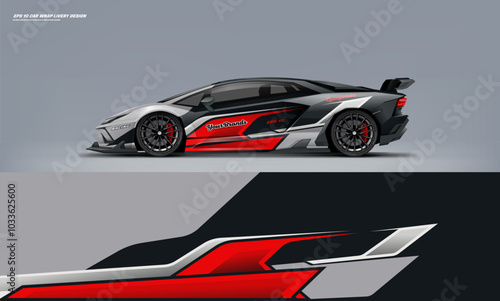 Sport racing supercar wrap livery design red and black color combination for universal medium vector eps10 ready to print printable file