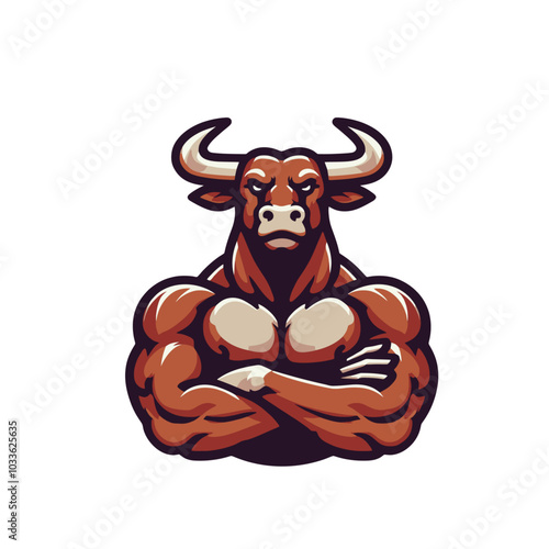 Shredded bull bodybuilder flexing muscles sports logo mascot	
