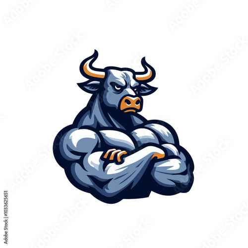 Shredded bull bodybuilder flexing muscles sports logo mascot	
