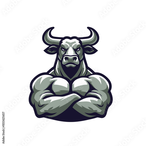 Shredded bull bodybuilder flexing muscles sports logo mascot	
 photo