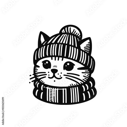 Cat wearing winter beanie hat. Isolated vector illustration