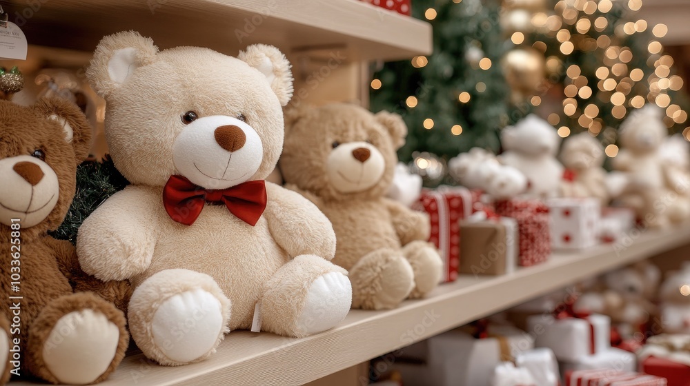 The elegant teddy bear store showcases soft plush toys in various sizes, along with festive decorations and treats, creating a warm holiday atmosphere. The elegant teddy bear store showcases soft plush toys in various sizes, along with festive decorations and treats, creating a warm holiday atmosphere.