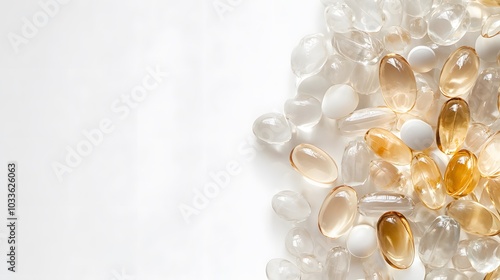 A Close-Up of Assorted Clear and Amber Pills on a White Background