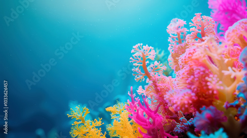 Aesthetic oceanic colorful fluorescent coral reef on blue background. Copy space. Aquarium hobby. Generative AI photo