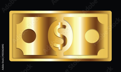 Gold Dollar cash money United States of America currency note in golden color vector illustration. Dollar bill, currency bank note, cash and money symbol. Flat vector illustration.
