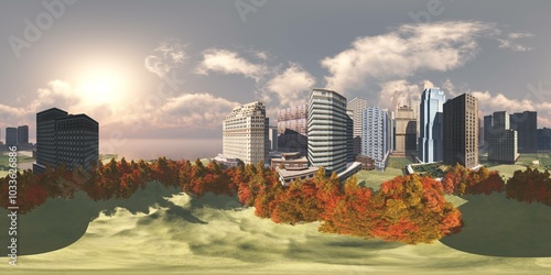 Panorama of the autumncity., 360 panorama, Environment map. HDRI map. equidistant projection. Spherical panorama.
3D rendering photo